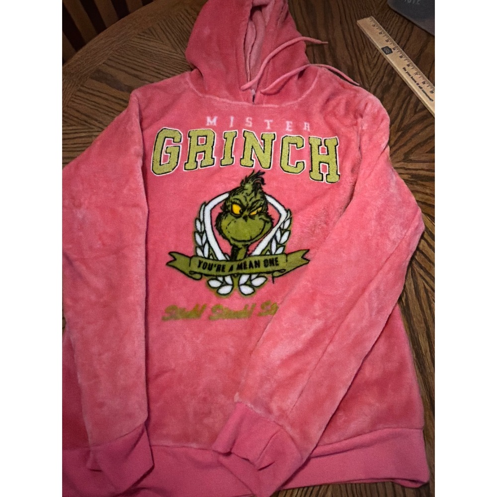 Dr Seuss The Grinch Pink Plush Faux Fur Hoodie Sweatshirt Womens Large Graphic